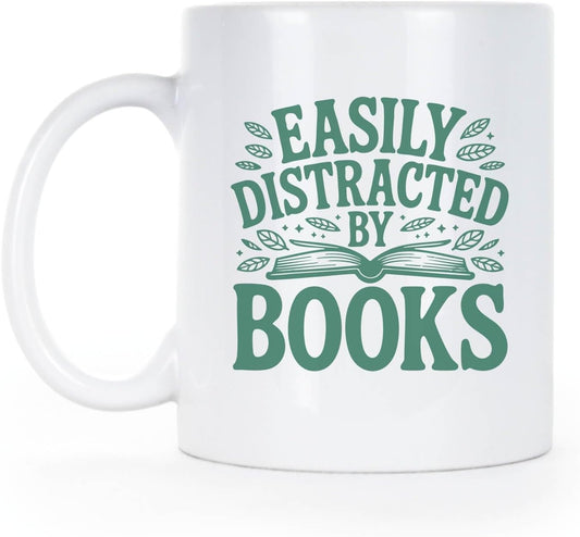 LIBBY'S BENCHMARK27 DESIGNS Easily Distracted by Books Mug Book Lover Coffee Cup Reading Gifts