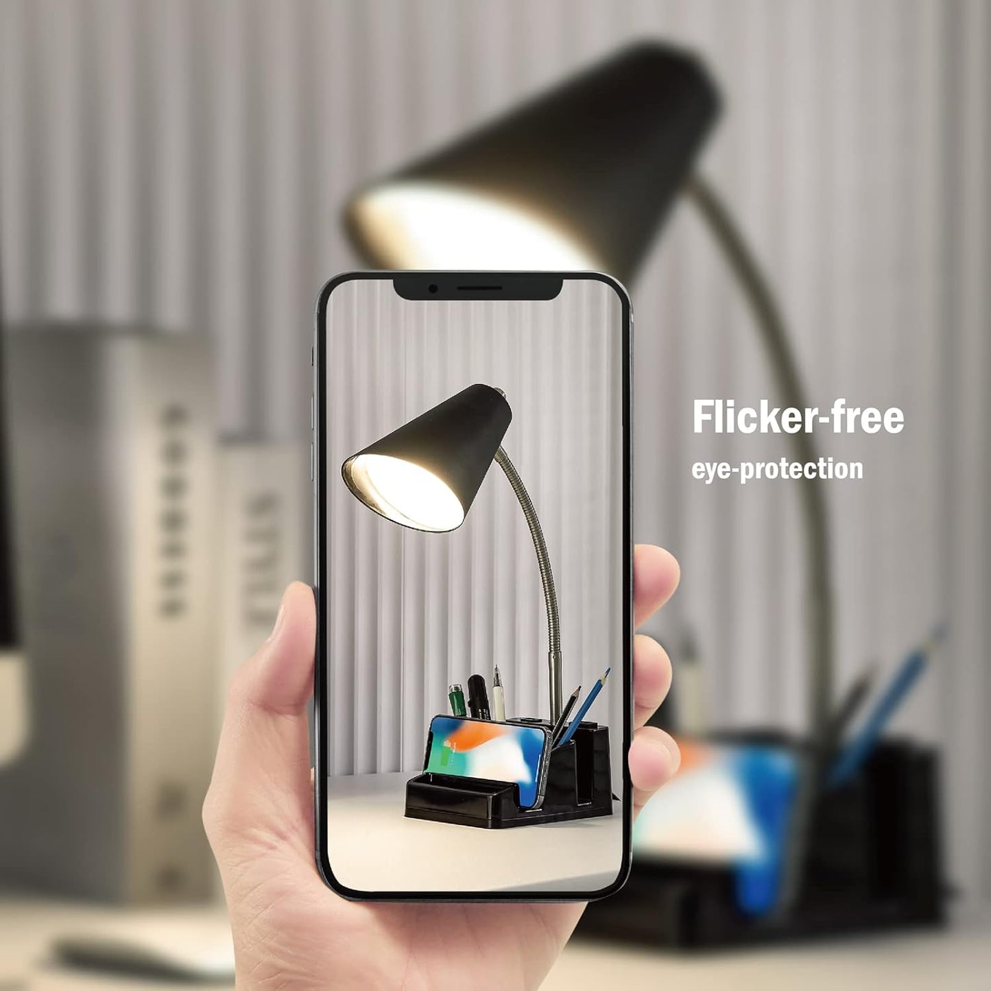 USB 충전 포트 1개와 AC 콘센트 1개가 있는 LED 책상 램프, 오거나이저 베이스, 조절 가능한 목, 온/오프 스위치, 독서, 작업, 공부를 위한 현대적인 테이블 램프, 부드럽고 따뜻한 백색광, 눈 보호(블랙)