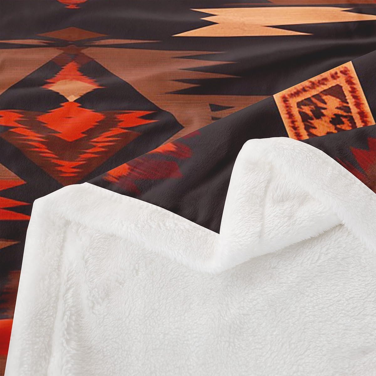Feelyou Rustic Western Southwestern Sherpa Blanket,Native American Tribal Navajo Fleece Throw Blanket,Red Black Western Plush Blanket,Farmhouse Fuzzy Blanket for Sofa Bed Couch 90"x90"