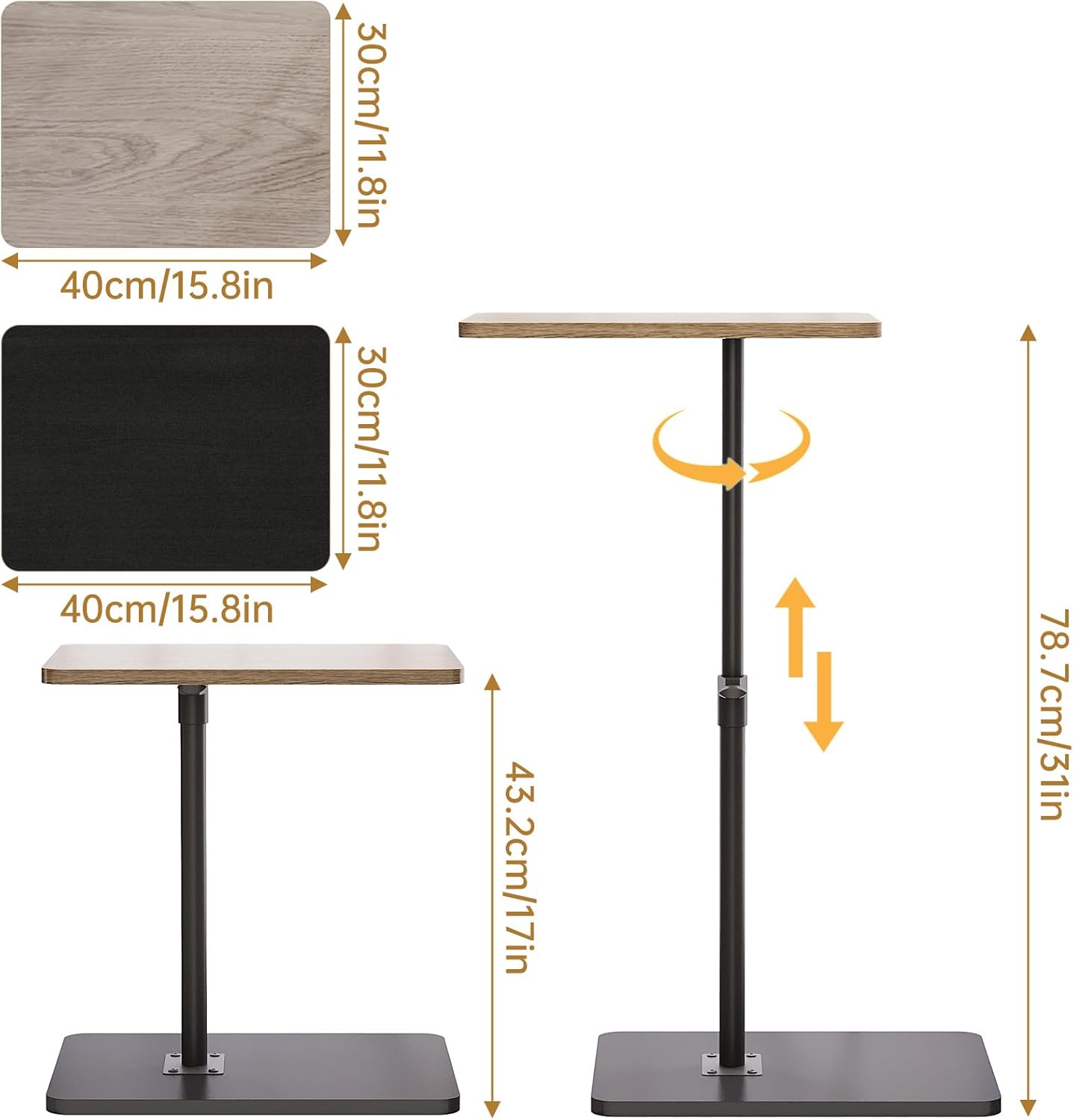 NiHome Minimalist Height Adjustable End Table, 360° Rotatable Sofa Armrest Side Tray Table, Adjustable Legs Space-Saving Couch Bedside Bathtub TV Tray C-Shaped End Table Snack Table for Eating (Gray)