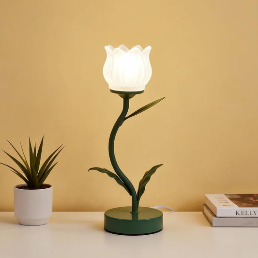 Flower-shaped table lamp, LED eye-protecting reading bedside retro night light, 3 color modes of cute bedside lamp decoration, living room and bedroom lighting table lamp home decoration (dark green)