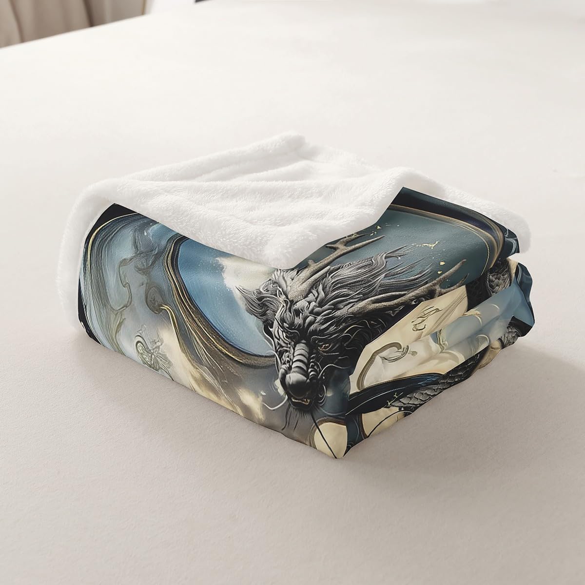 Erosebridal Dragon Sherpa Blanket Japanese Ukiyoe Throw Blanket Exotic Animal Queen 90"X90" Ancient Loong Phoenix Fleece Blanket for Boys Teen Bedroom, Yin Yang Fuzzy Blanket Bed Couch