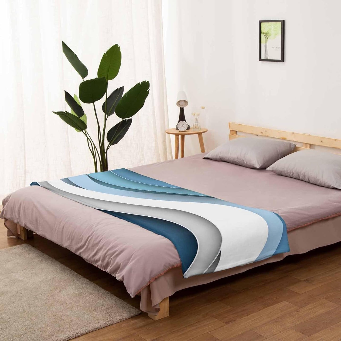 Abstract Blue Waves Throw Blankets Bedding, Ombre Brown Grey White Minimalist Flannel Fleece Microfiber Soft Blankets, Warm Bed Blanket Throws for Chair Sofa Couch Bedroom Camper 40x50 in