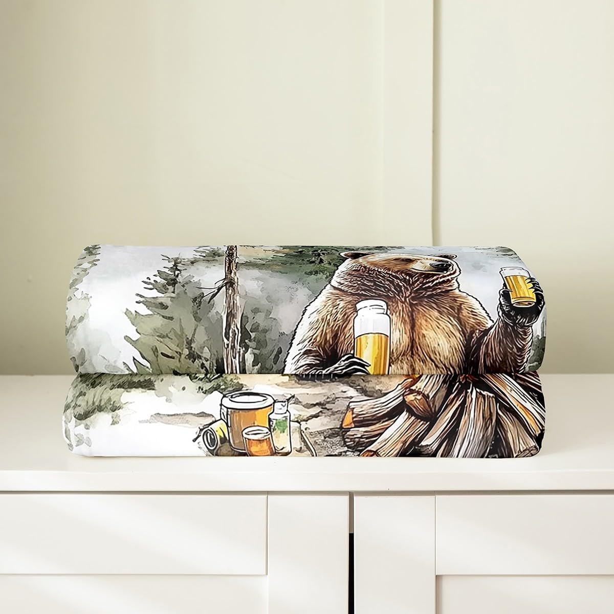 Erosebridal Bear Flannel Blanket Queen 90x90,Happy Camping Fleece Blanket for Kids Boys Girls,Woodland Campsite Camper Accessories Fuzzy Plush Throw,Funny Wild Animals Drink Beer Pattern,Brown Green