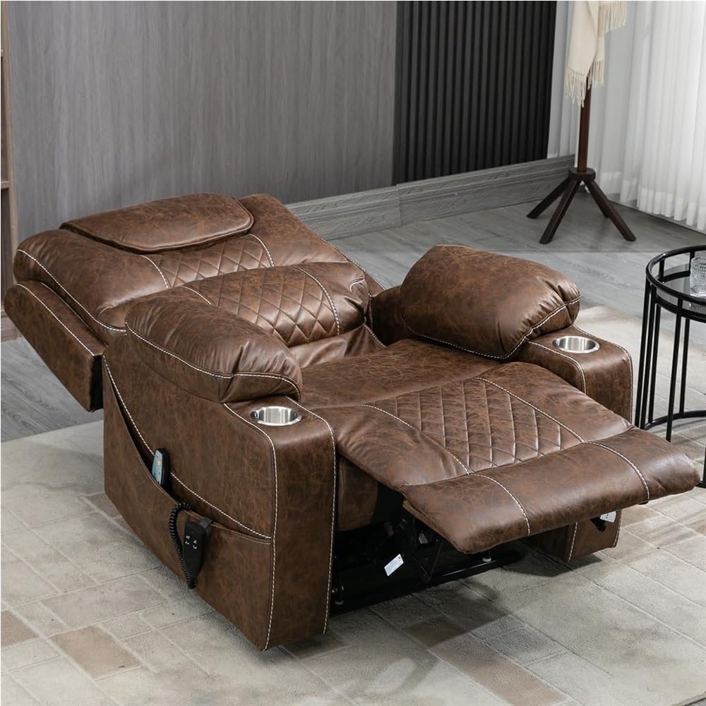Dual Motor Power Lift Recliner Chair for Elderly with Massage Lumbar Heating Lay Flat Adjustable Functional Reclining Chair with Cup Holders Comfortable Leather Lift Chair