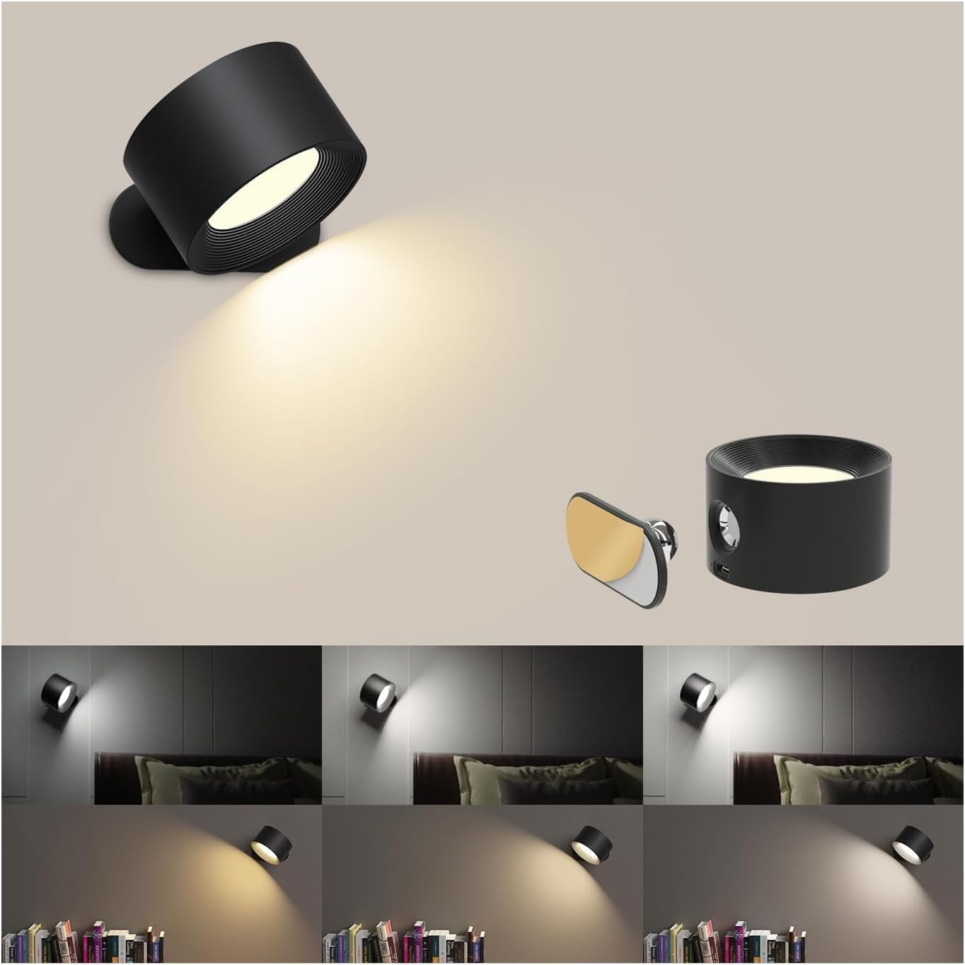 LED Reading Lights, Wall Mounted Sconces with 3 Color Temperatures & 3 Brightness Levels, Rechargeable Battery Operated Touch Control 360° Magnetic Ball for Study Bedside Bedroom