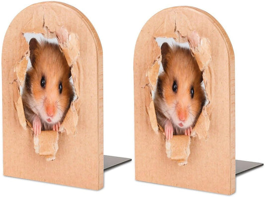 Funny Hamste Wooden Bookend Non-Slip Book Ends Heavy Duty Book Stopper with Metal Base Books Holderd Decorative Bookends Stands Firmly for Office Supplies
