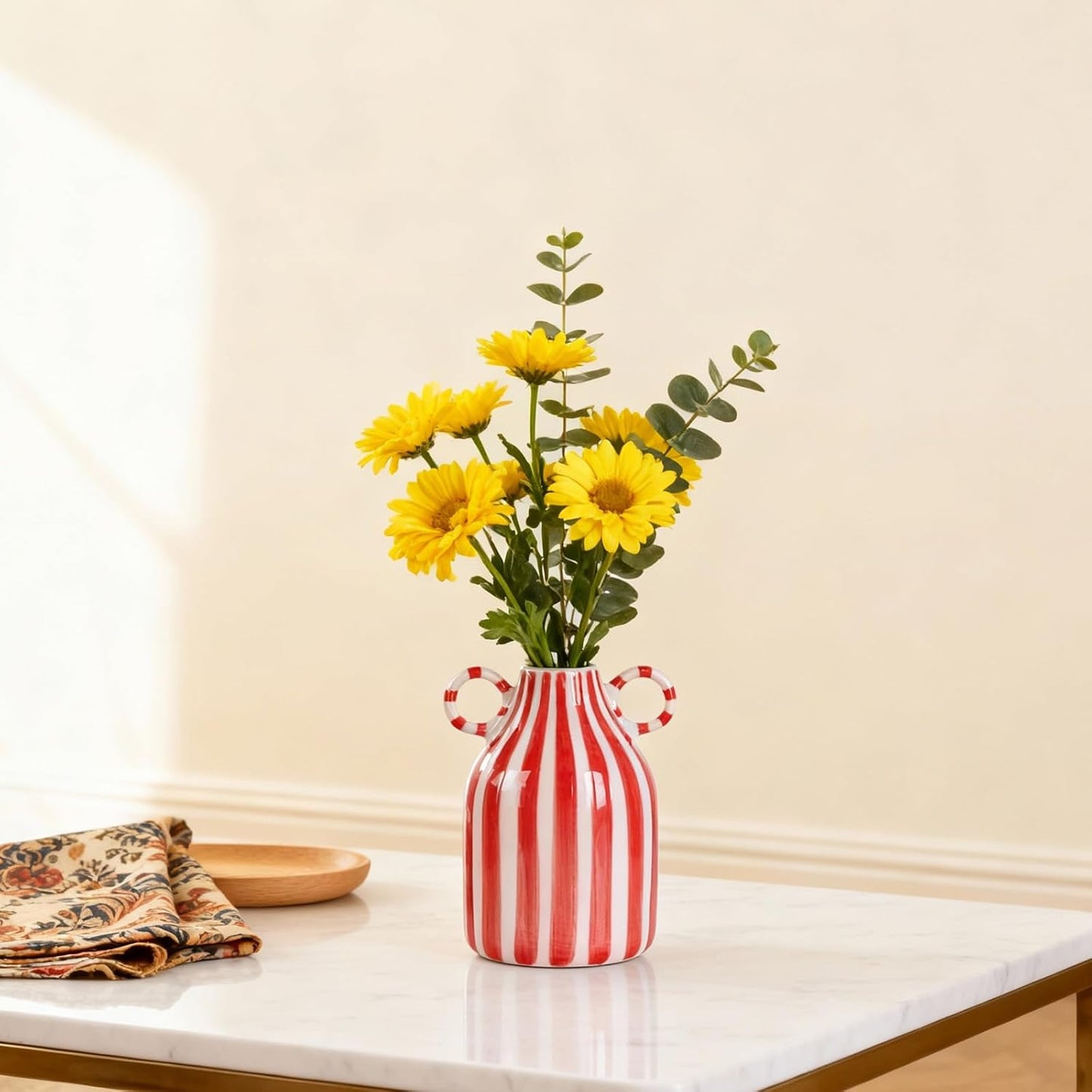 Ceramic Red and White Striped Vase with Handle, Modern Minimalist Christmas Accent Decor Home for Centerpieces for Tables, Kitchen Office, Bookshelf, Bedroom Aesthetic Decor (Red White)