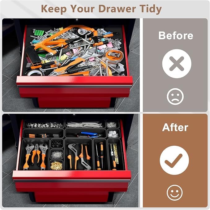 A-LuGei 【𝟲 𝗦𝗜𝗭𝗘】 Tool Box Organizer【Fits 100+ Tools】 Black Garage Organization and Storage Tray Divider Set, Desk Drawer Organizer, Toolbox for Rolling Tool Chest Cart WorkBench Small Part