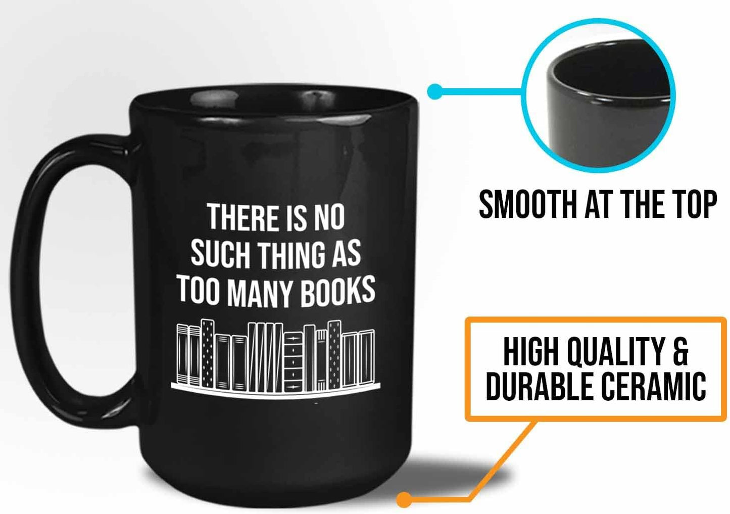 Bubble Hugs Writer Coffee Mug 15oz Black - there is no such thing as too many books - Reading Book Lover for Bookworm Bibliophile Librarians Author Readers Bookish