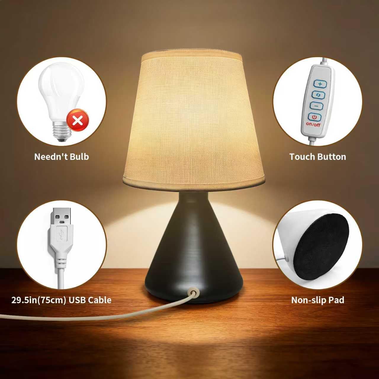 Hyphenx USB Powered Farmhouse Bedside Lamp 10 dimming Steps 3 Color Modes for Bedroom, Nightstand Table Lamp with Fabric Shade, Desk Lamp for Kids Reading and Home Office （Black）