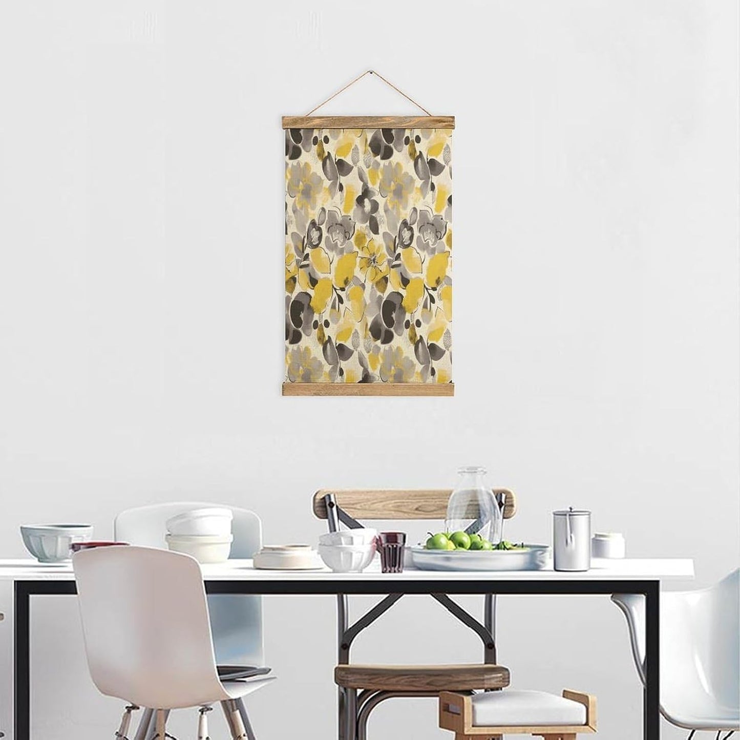 Vintage Yellow Gray Flower Poster with Wooden Frame Personalized Linen Hanging Scroll Painting Rustic Wall Hanging Illustrative Modern Artwork Decor for Home Living Room Bedroom Office