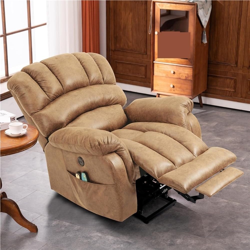 Oversized Power Lift Recliner for Tall Men – Dual Motor Electric Recliner Chair with Extended Footrest, Heat & Massage, Wide Seat, Side Pockets, USB Port, and 2 Remotes for Living Room