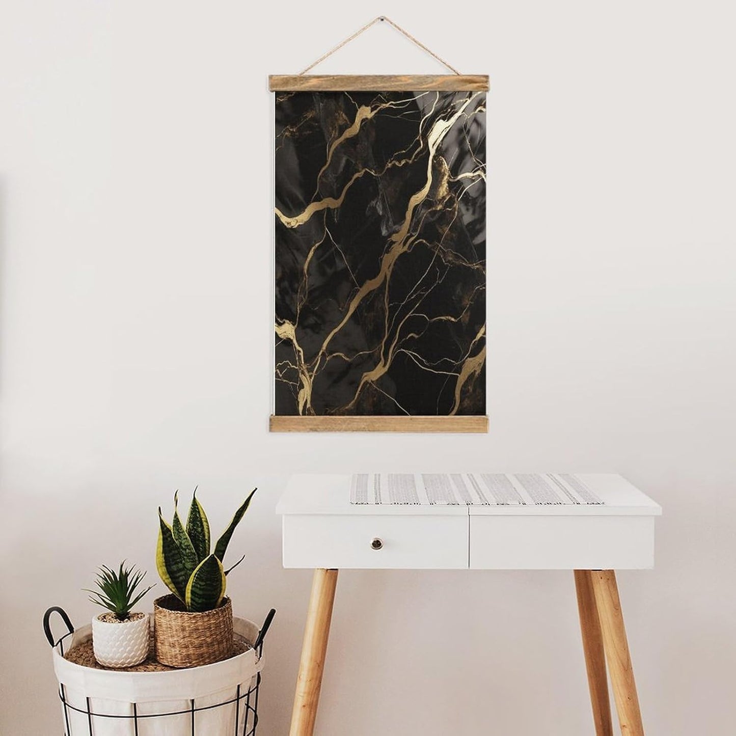 Vintage Black Gold Marble Poster with Wooden Frame Personalized Linen Hanging Scroll Painting Rustic Wall Hanging Illustrative Modern Artwork Decor for Home Living Room Bedroom Office