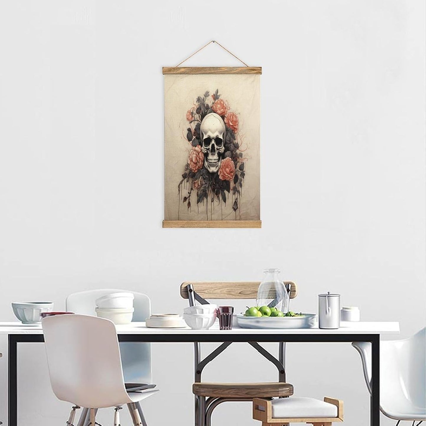 Vintage Ancient Skull And Flowers Poster with Wooden Frame Personalized Linen Hanging Scroll Painting Rustic Wall Hanging Illustrative Modern Artwork Decor for Home Living Room Bedroom Office