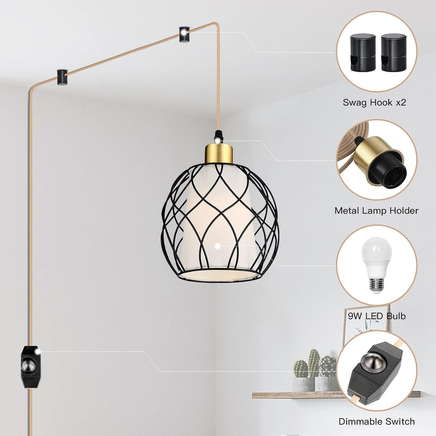 Plug in Pendant Light,Hanging Light with Plug in Cord,Black Hanging Lamp with Dimmable Switch,15 ft Golden Cotton Cord,Hanging Light Fixture for Kitchen Living Room Bedroom (Bulb Included)