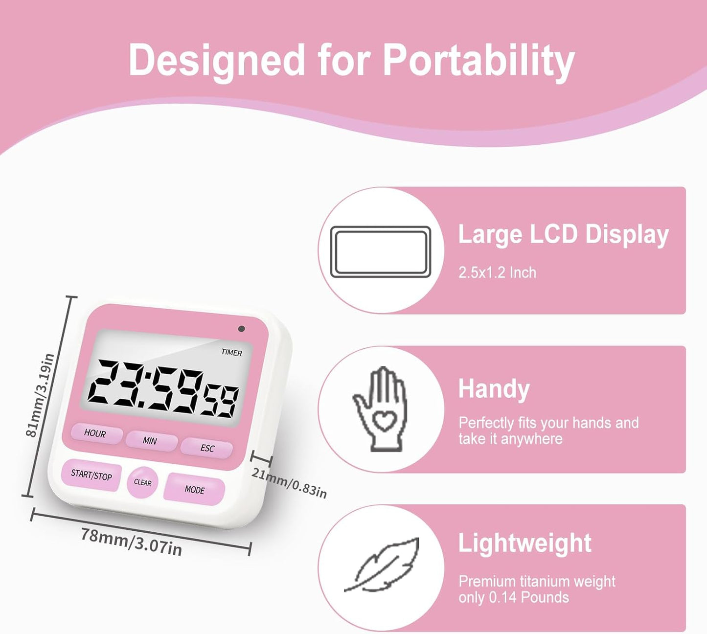 Digital Kitchen Timer with Mute/Loud Alarm, Count Up/Down, 24 Hour Clock and Alarm Function for Kids Teacher Cooking (Red)
