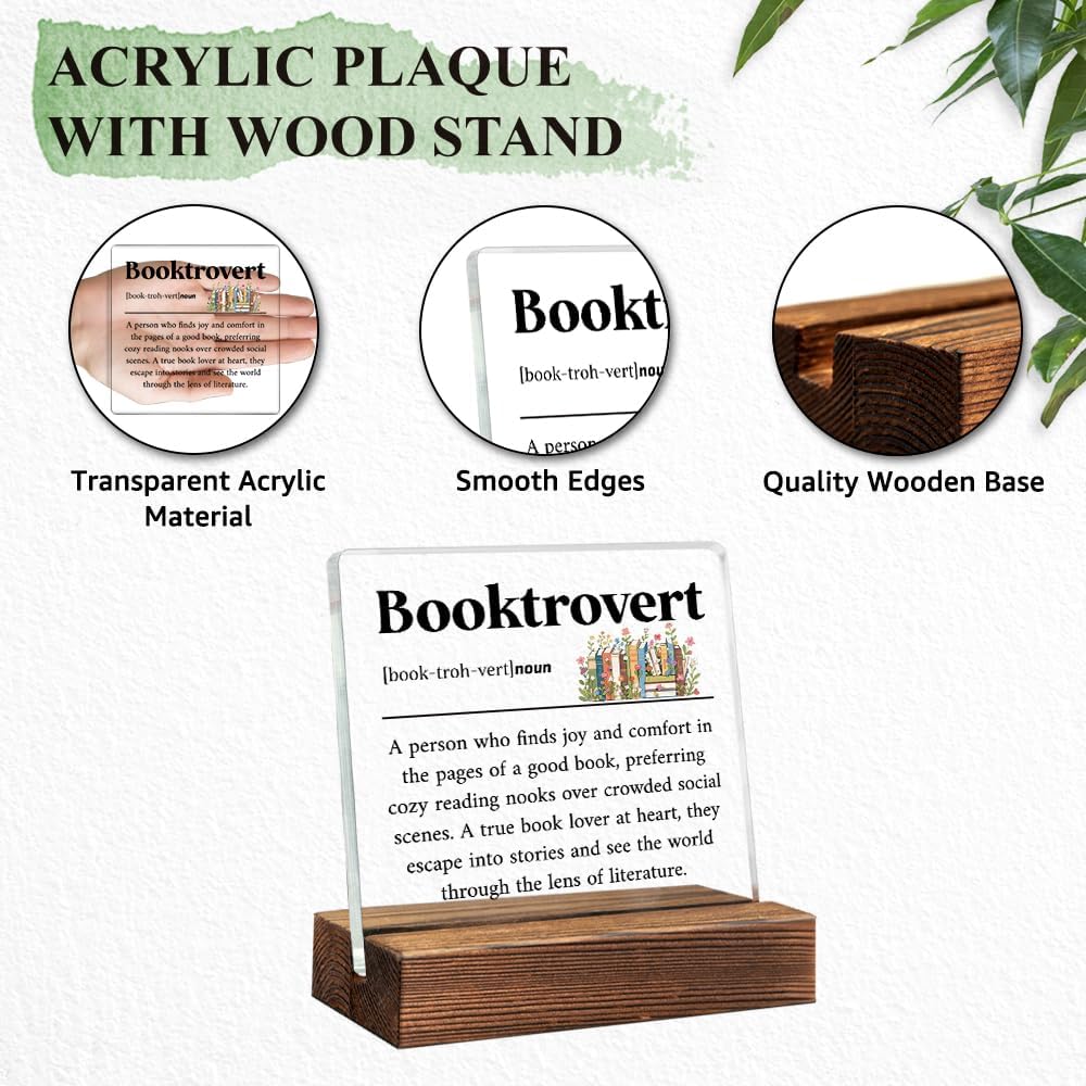 Booktrovert Definition Acrylic Sign with Wooden Stand, Book Lover Gifts for Women, Bookish Gifts for Bookworms Readers, Funny Teen Girl Bedroom D馗or, Library Decors?Librarian Nerd Decoration