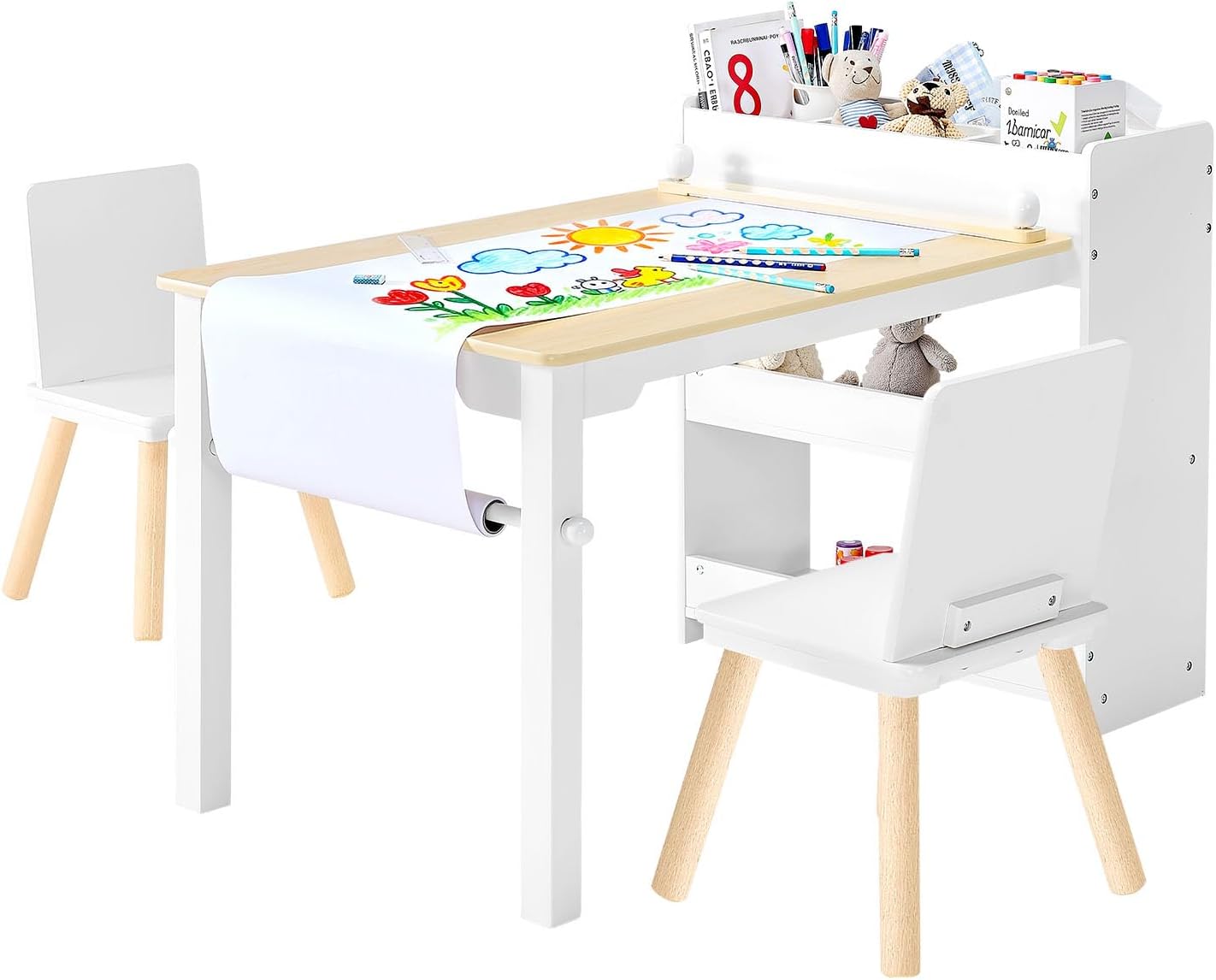 VEVOR Kids Art Table and Chair Set, Toddler Craft Table with 3 Tiers Storage Cabinet, Wooden Kids Activity Play Desk with 2 Chairs, Art Craft Play Desk for Reading, Learning, Drawing, Writing, White