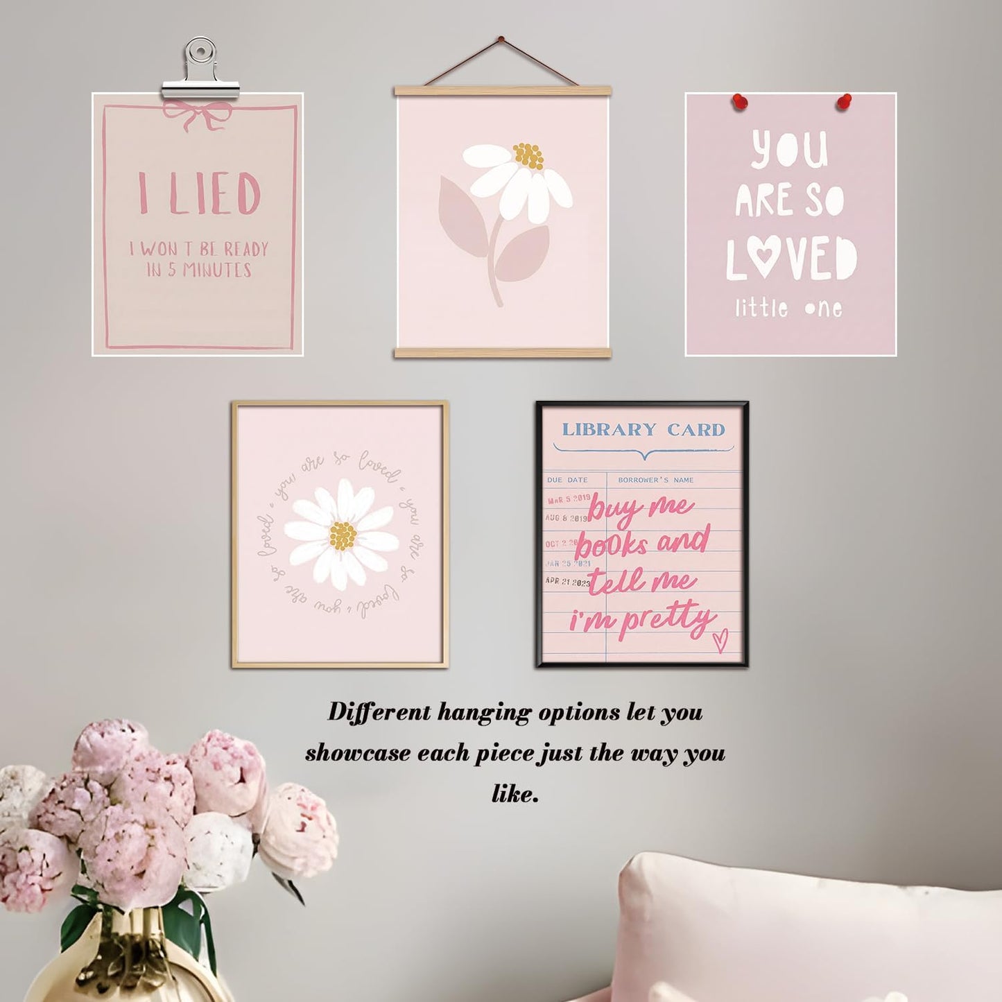 XYHYRA Pink Wall Art Painting Set of 9, Pink Preppy Girly Quote Canvas Prints Painting, Romantic Bow Books Daisy Poster Aesthetic Room Decor for Teen Girls Bedroom Dorm 8x10 Inch Unframed