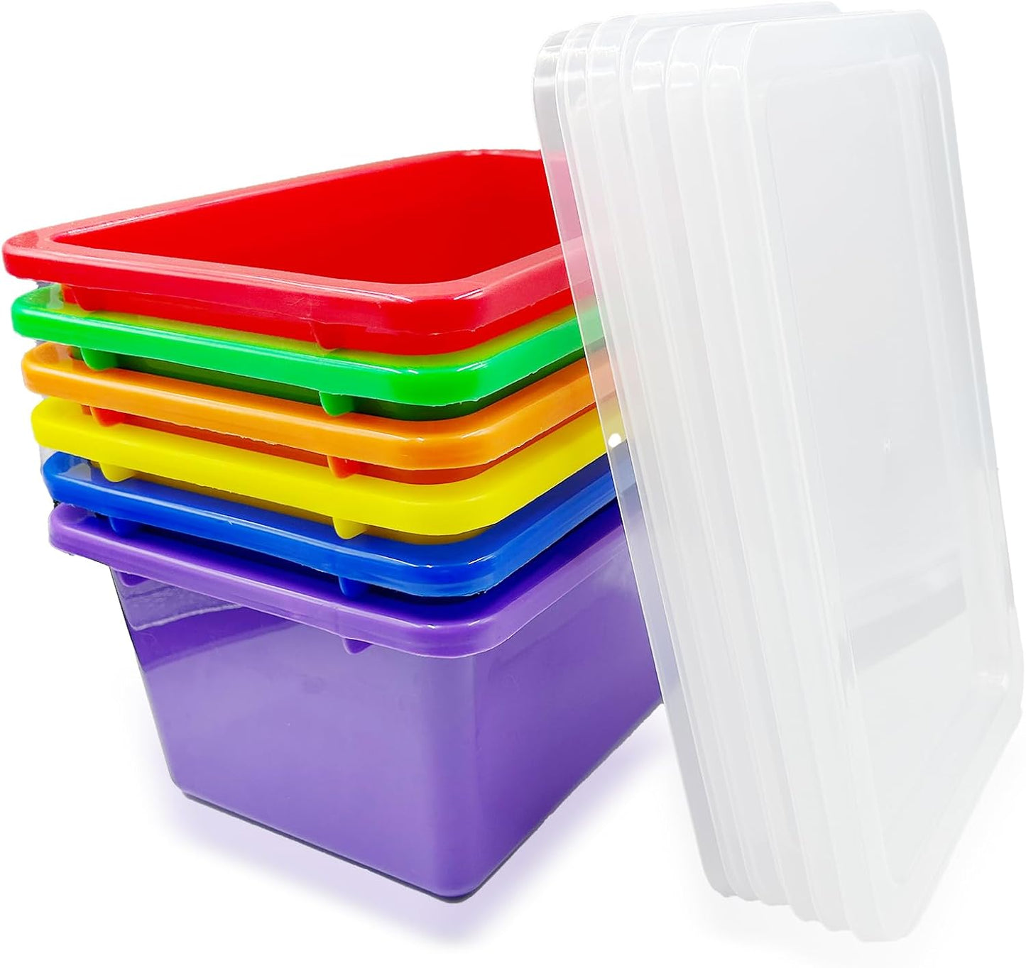 6 Pack Colored Bins with Lids, 5 Qt Plastic Cubby Bins Storage Bins Stackable Toy Bins Organizer for Classroom, Home