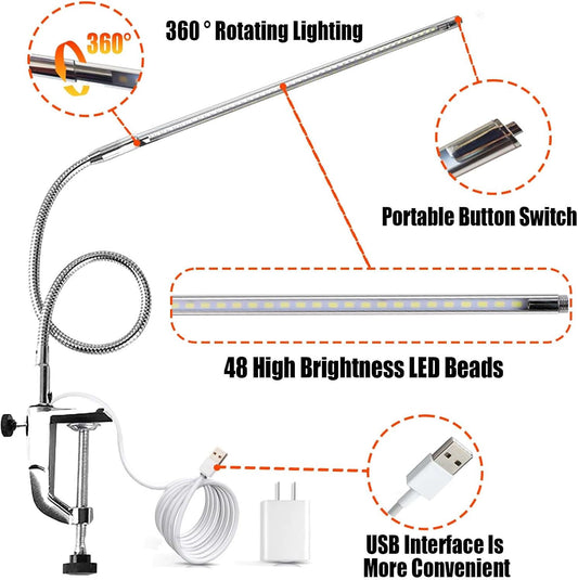 Desk Light with Clamp, USB LED 8W Clip Nail Desk Lamp Eye Care Flexible Gooseneck 360° Clamp Light for Manicure Reading Eyebrow Office Tattoo