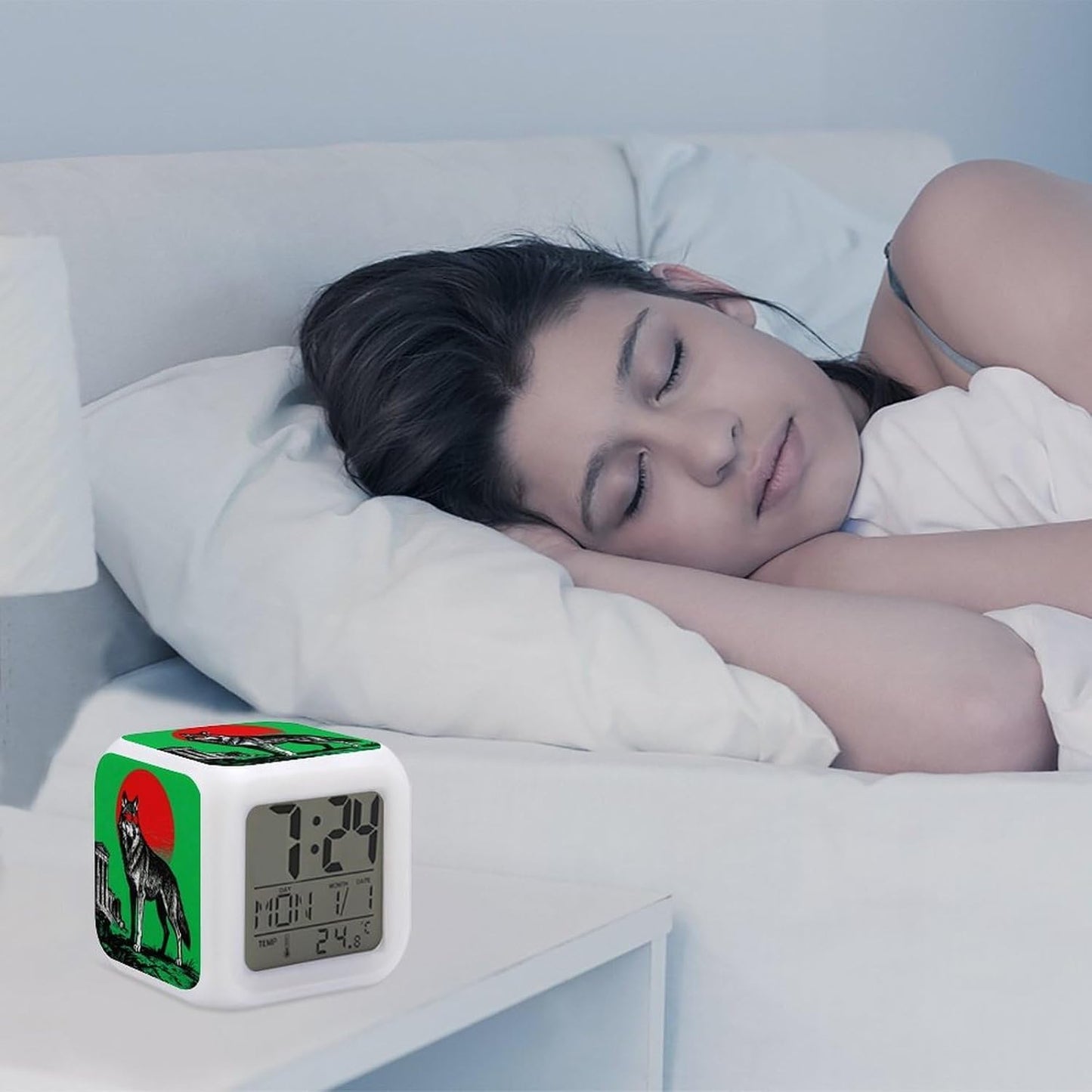 Green Round Wolf 7 Color Changing LED Night Light Alarm Clock Compact 3.1" Cube with Time Date Temperature Display Battery-Powered Auto-Cycling Mood Light for Bedroom Dorm & Travel