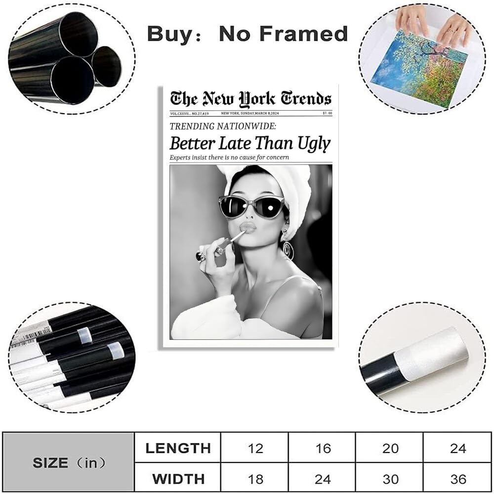 Vintage Newspaper Wall Art Black and White Canvas Prints Better Late Than Ugly Funky Feminist Poster Trendy Preppy Aesthetic Wall Decor for Girly Dorm Room Bathroom 8x12inch Unframed