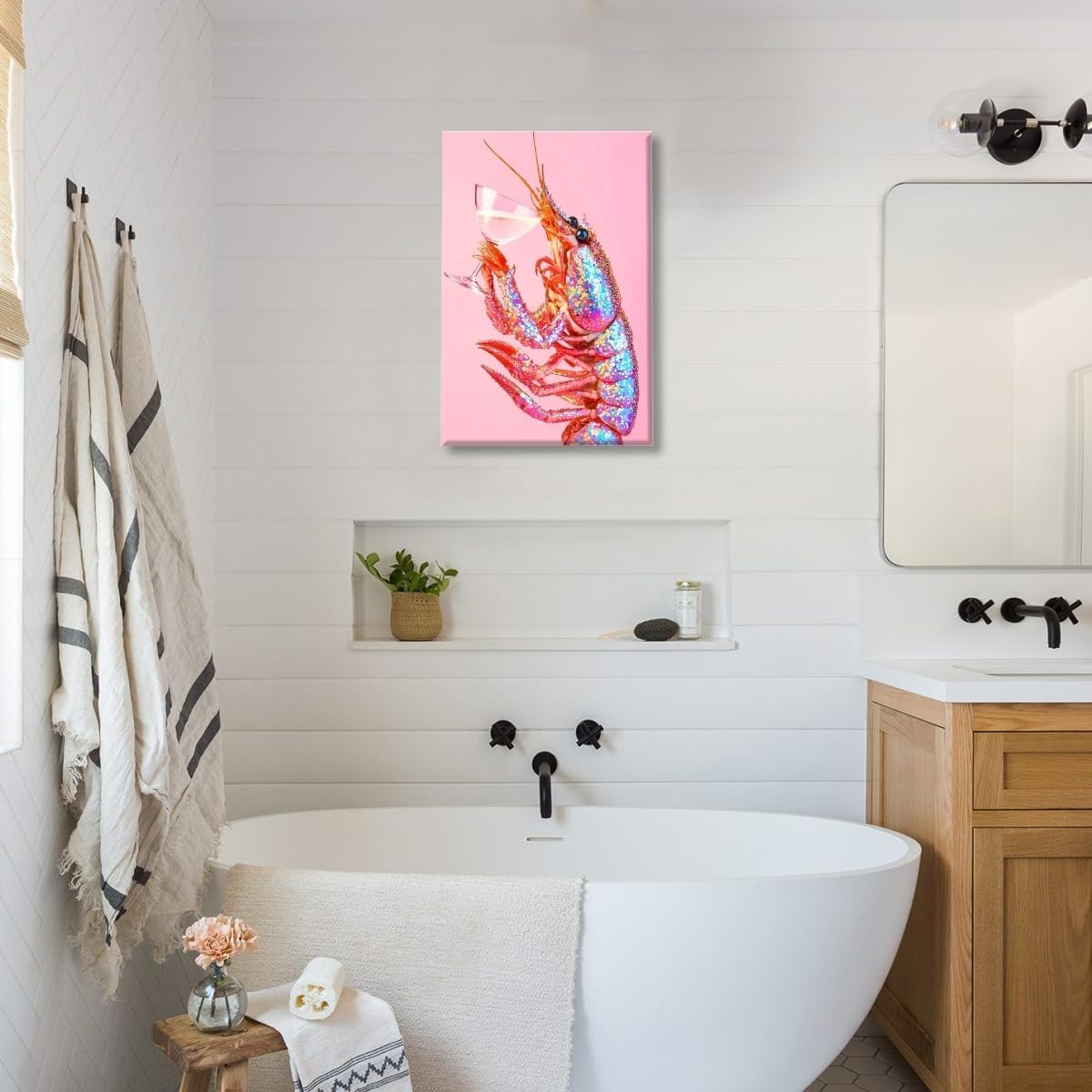 Psychedelic Pink Lobster Cocktail Wall Art Funny Crayfish Martini Poster Trippy Coastal Beach Aesthetic Canvas Prints Colorful Shrimp Picture Funky Seafood Decor for Kitchen Bar 16x24inch Unframed