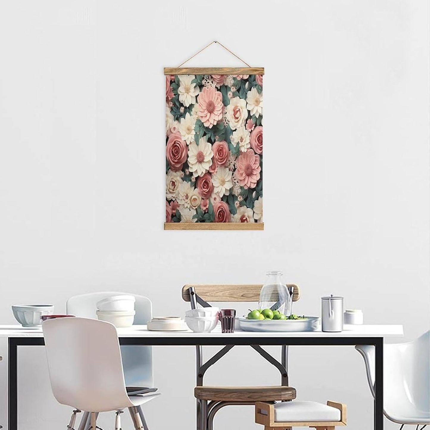 Vintage Flowers with Pink And Green Leaves Poster with Wooden Frame Personalized Linen Hanging Scroll Painting Rustic Wall Hanging Illustrative Modern Artwork Decor for Home Living Room Bedroom Office