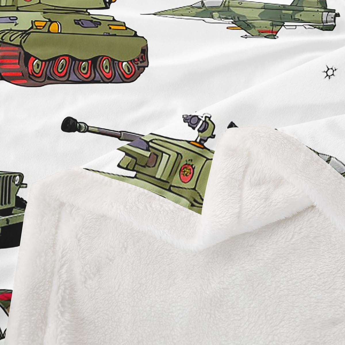 Manfei War Theme Throw Blanket Aircraft Tanks Bed Blanket for Kids Boy Room Decor, Retro Army Green Airplane Tanks Blanket for Couch Sofa, Soft and Breathable Fleece Blanket(60 x 80 Inches)