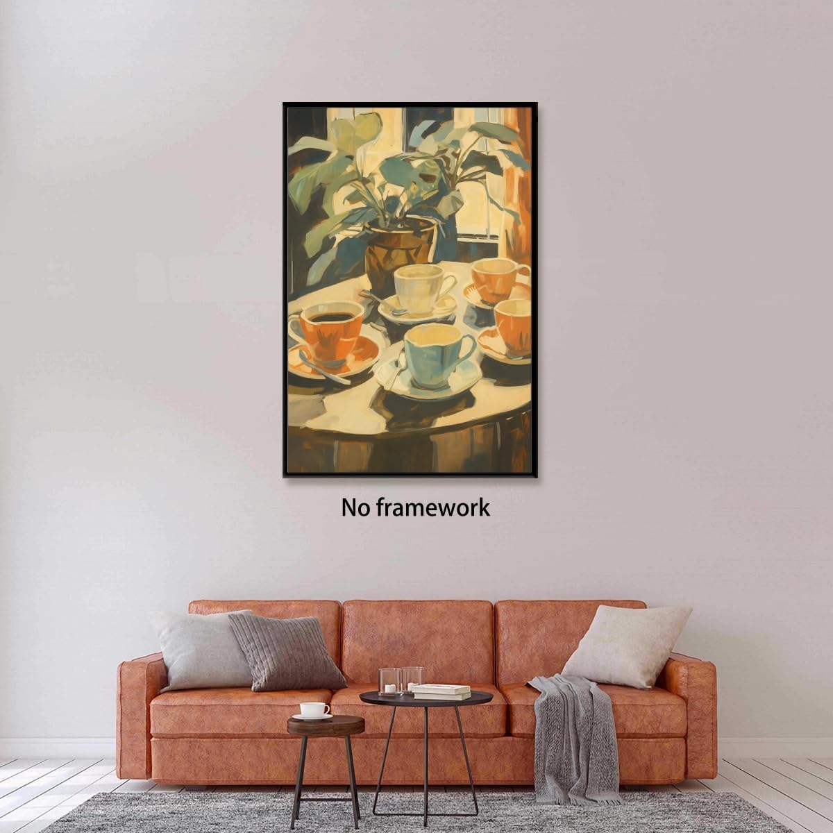 Retro Coffee and Plant Wall Art Vintage Coffee Table Moment Oil Painting Poster with Colorful Cups Prints Cozy Home Decor for Bedroom Kitchen Dining Room Reading Nook 12x18inch Unframed