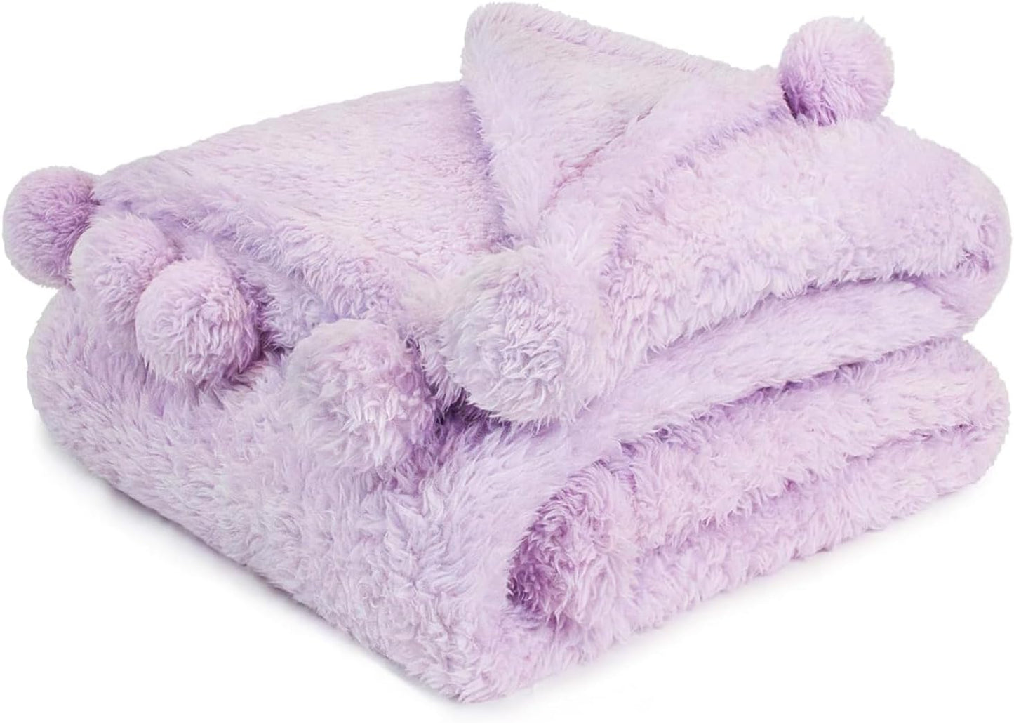 PAVILIA Lavender Sherpa Throw Blanket for Couch, Warm Plush Pom Pom Blanket Throw, Light Purple Fuzzy Sofa Throw, Lightweight Soft Cozy Fluffy Blanket with Pom Poms, Lavender, 50x60