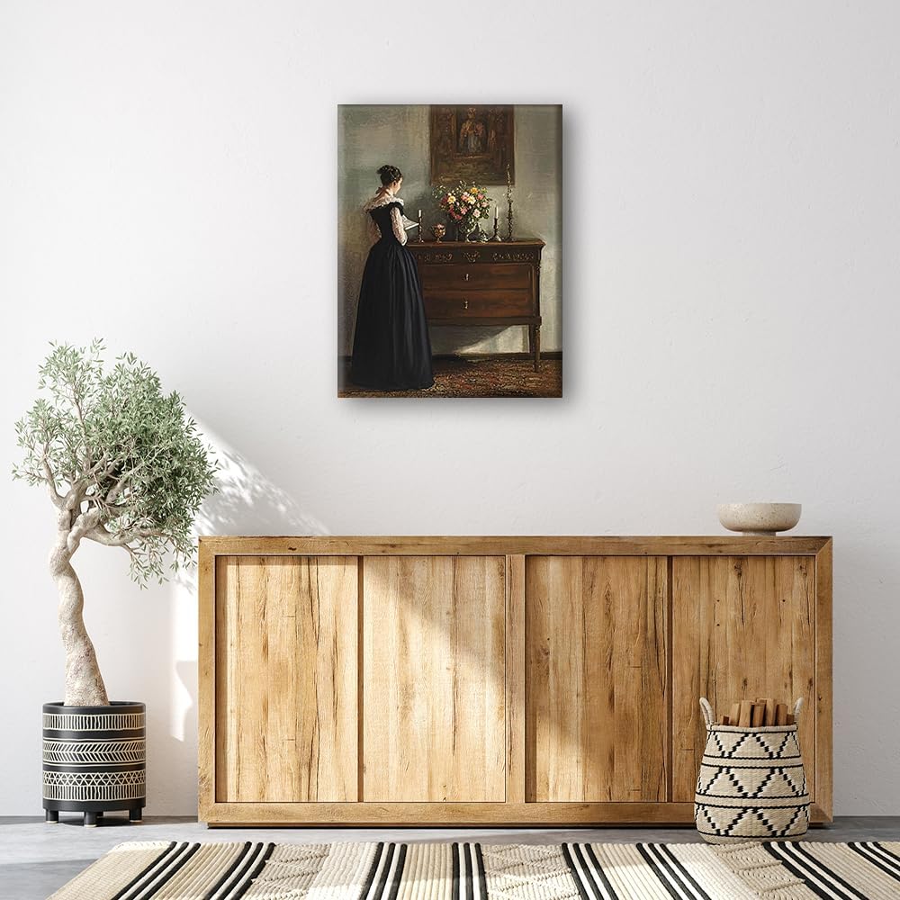 Yxhyenith Wall Art Pictures, Retro Women Painting Prints, Vintage Portrait Canvas Wall Decor for Bedroom Gallery Living Reading Study Room (Candlestick Woman, 12×16Inch, Framed)