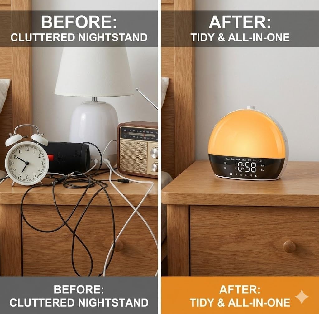 Sunrise Alarm Clock for Heavy Sleepers & Kids, Wake Up Light with Natural Simulation, Dual Alarm, Sleep Sound Machine, Dimmable LED Night Light, FM Radio, USB Charger for Bedroom