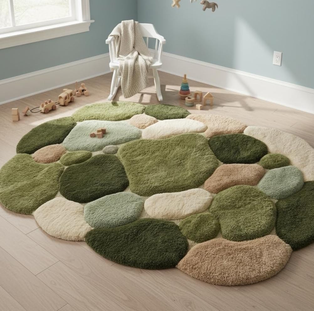3D Pebble Stone Area Rug, Green Beige and Blush, Fluffy Tufted, Irregular Shape, Living Room Decor (Green with Olive Green, 10' x 14' Feet)