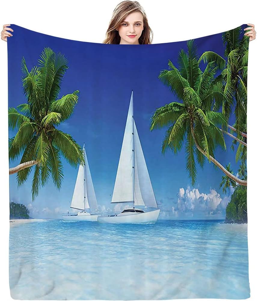 Gifts Blanket, Palm Trees and Ocean Houseboat Decor Nautical, Keep WarmTropical Throw Blankets, 50 x 60inches, Cozy Warm Soft Blanket for All Seasons, Multicolor