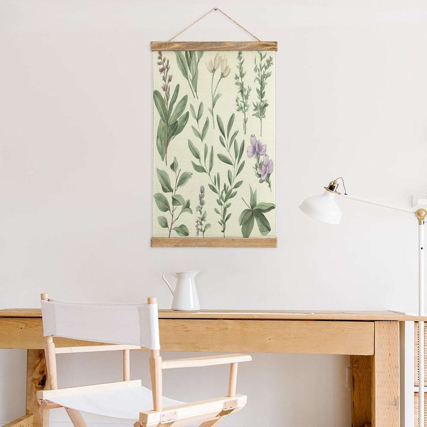 Vintage Green Flower Herb Sage Leaves And Branches Poster with Wooden Frame Personalized Linen Hanging Scroll Painting Rustic Wall Hanging Illustrative Modern Artwork Decor for Home Living Room Bedroo