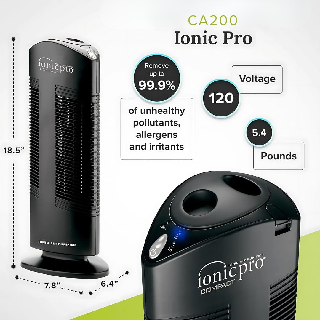 Ionic Pro Compact (CA200) Air Purifier Tower, Never Replace Filters, Quiet Negative Ion Technology, Cleans Rooms Up to 300 sq. ft