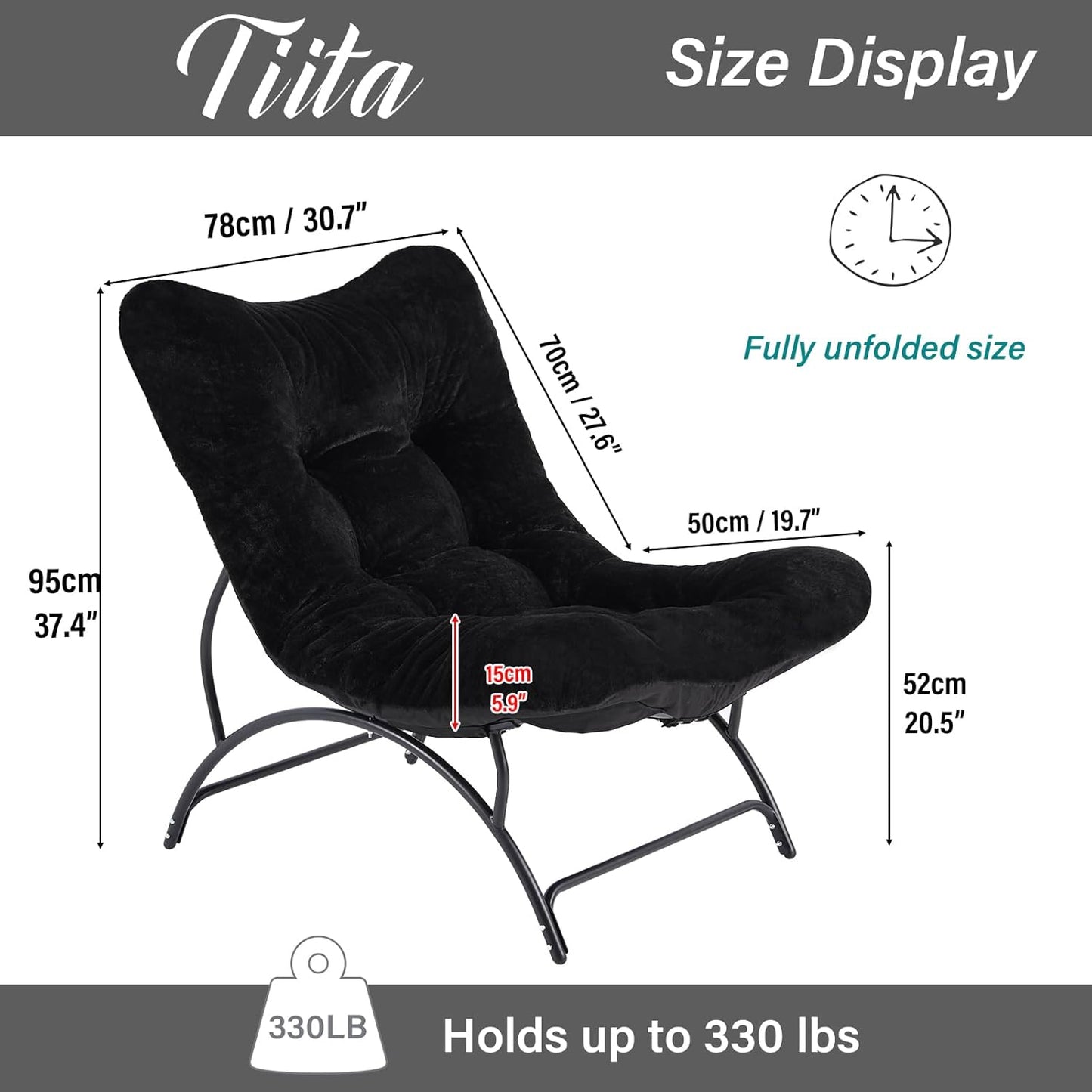 Tiita Accent Lazy Chair, Comfy Lounge Chair with Metal Frame and Plush Fabric, Spacious Seat Cozy Recliner Chair for Reading Room, Living Room, Bedroom, Office, Black