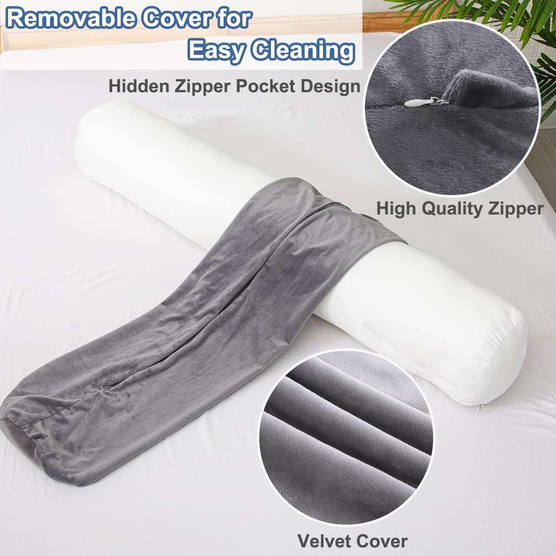 Body Pillow for Adults, Bolster Pillow with Removable Velvet Cover, Long Round Cervical Roll Pillow, 47 x 7.87 Inches, Grey