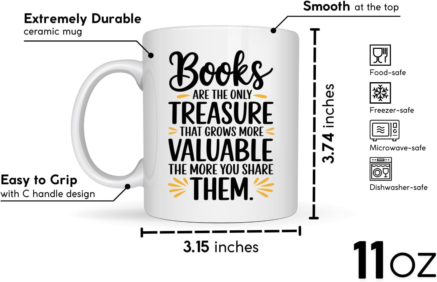 Book Lover Coffee Mug 11oz White - Books Treasure - Gift for Bookworm Reader Reading Lover Bookish Women