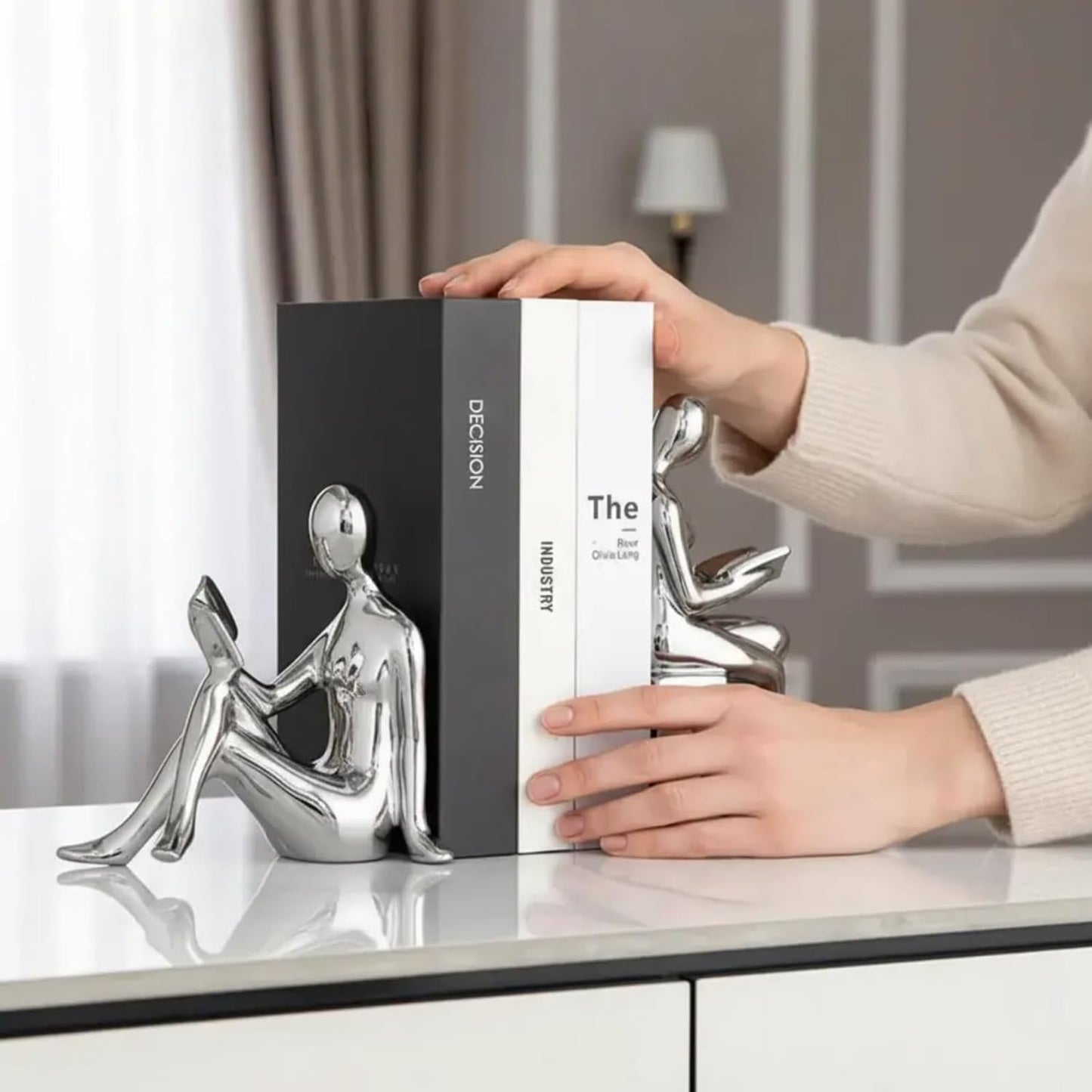 Ceramic Decorative Bookends Set of 2, Heavy Duty for Heavy Books, Cute Home Office Shelf Library Decor (Silver)