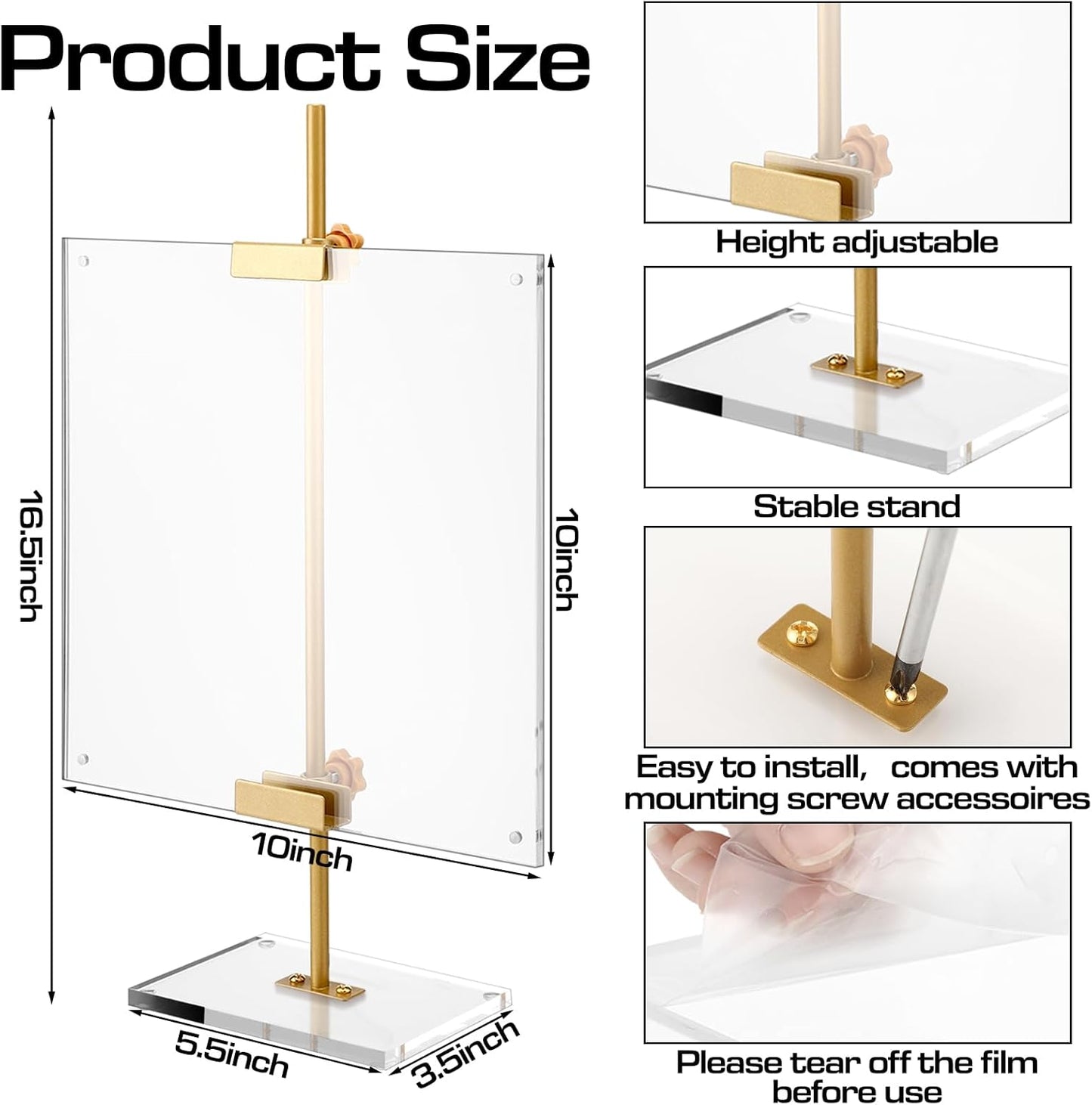 RattanView Gold Adjustable Metal Easel Stand with Acrylic Floating Photo Frame 16.5" Tabletop Metal Standing Easel Display Stand for Display Picture, Frame, Photos, Art, Poster, Signs