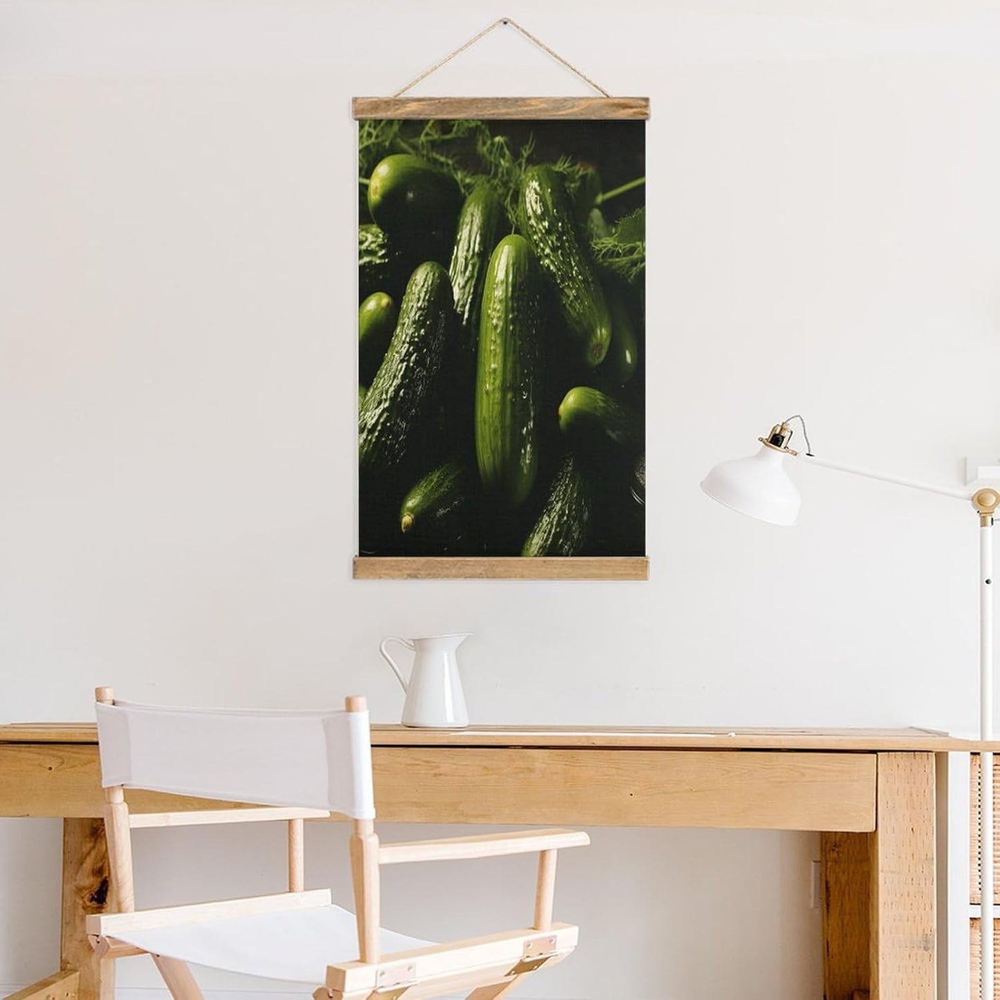 Vintage Pickle Poster with Wooden Frame Personalized Linen Hanging Scroll Painting Rustic Wall Hanging Illustrative Modern Artwork Decor for Home Living Room Bedroom Office