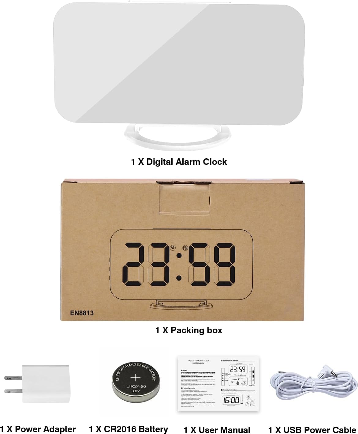 Poeroa Digital Alarm Clock,7" LED Mirror Electronic Clocks,with 2 USB Charging Ports,Snooze Mode,Auto Adjust Brightness,Modern Desk Wall Clocks for Bedrooms Living Room Office - White