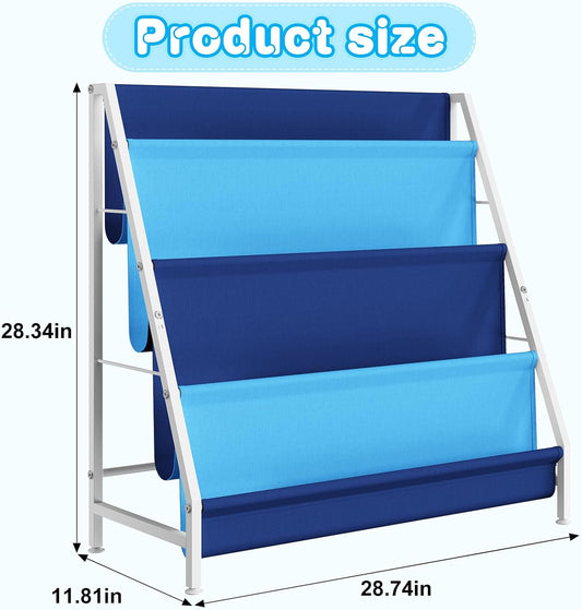 Kid Bookshelf for Kids Rooms, 4-Tier Blue Montessori Bookshelf,Toddler Children Bookshelf,Metal Kid's Book Storage Organizer for Boys Room Furniture Playroom Kindergarten