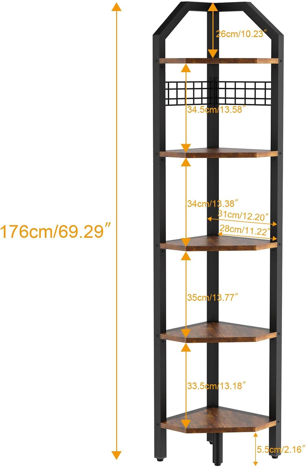 YMYNY 5-Tier Corner Shelf, Freestanding Corner Bookshelf, Plant Stand, Industrial Bookcase, Multi Storage Shelf Rack for Living Room, Bathroom, Bedroom, Small Space, Rustic Brown, 69" H, UHBR006H