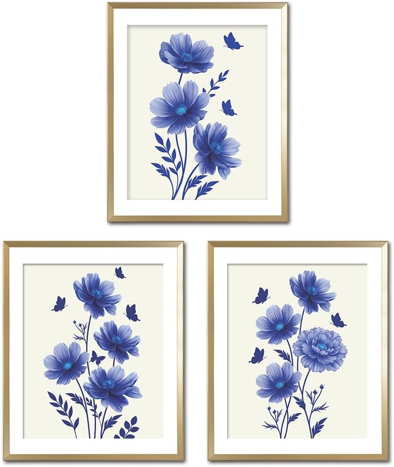 heshengzaixian Modern Flower Botanical Prints,Blue Cosmos Canvas Wall Art Picture, Minimalist Floral Poster Set, Chic Wildflower Artwork for Home Office, Gift for Woman,Set of 3 8x10in Unframed