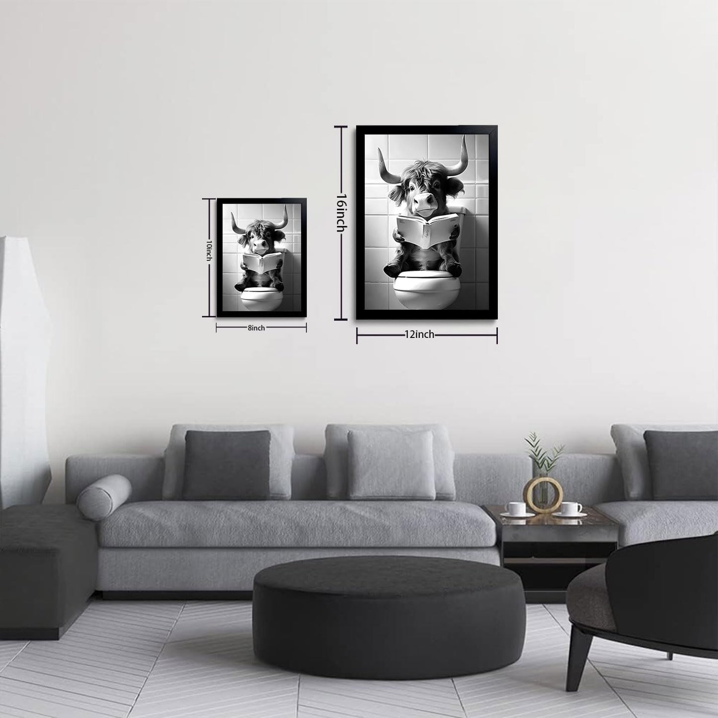 OIQArtOIQ Funny Bathroom Framed Wall Art Black and White Animal Canvas Wall Art Prints Highland Cow Reading Pictures Wall Decor Modern Minimalist Humorous Artwork For Restroom
